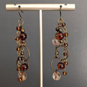 3 strand antique brass, peach and brown beaded earrings